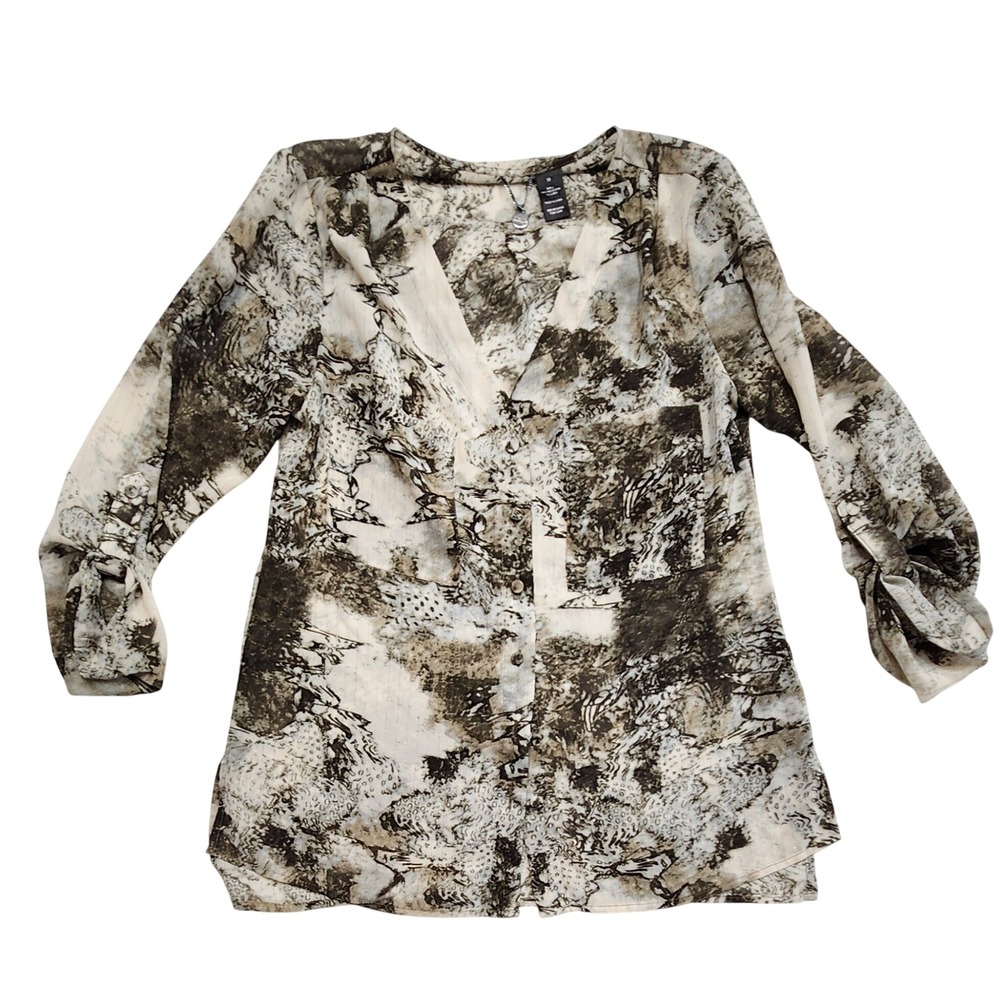 BKE Boutique Abstract Print Metallic Lurex Roll Tab Blouse Brown Gold Womens M